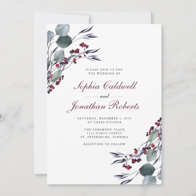 All in One Eucalyptus Holly Berries Winter Wedding Invitation (Front)