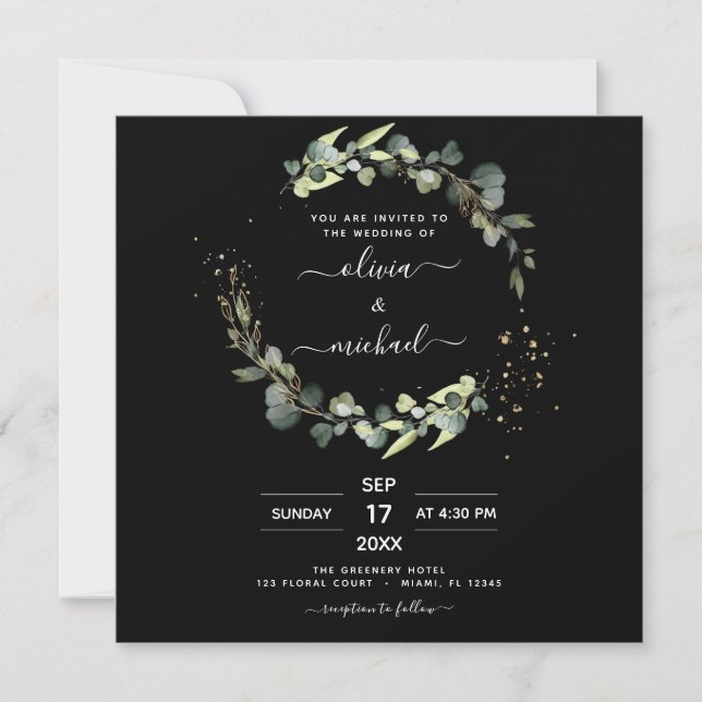 All in One Eucalyptus QR Code Black Wedding Invitation (Front)