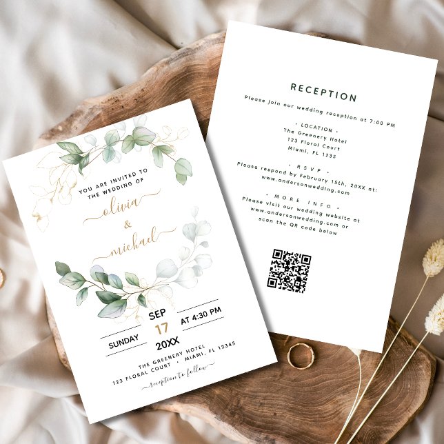 All in One Eucalyptus QR Code Greenery Wedding Invitation (Creator Uploaded)