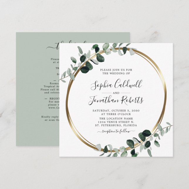 All in One Eucalyptus White Sage Square Wedding Invitation (Front/Back)