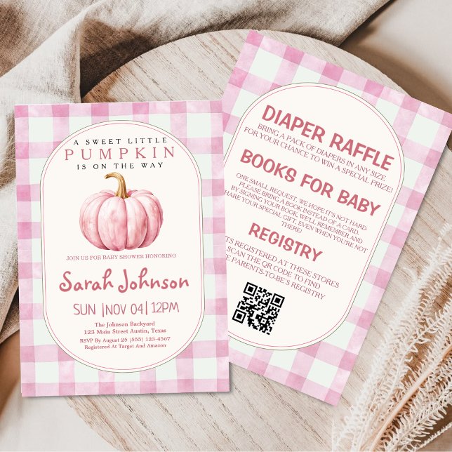 All In One Fall Gingham Pink Pumpkin Baby Shower Invitation (Creator Uploaded)