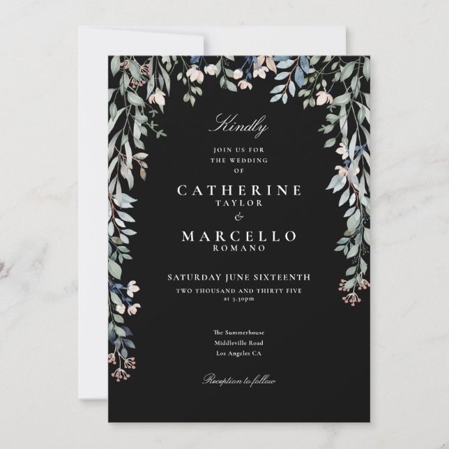 All In One Floral Black And White Wedding Invitation (Front)