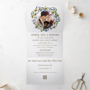 All in One French Blue Grey Floral Wreath Wedding Tri-Fold Invitation