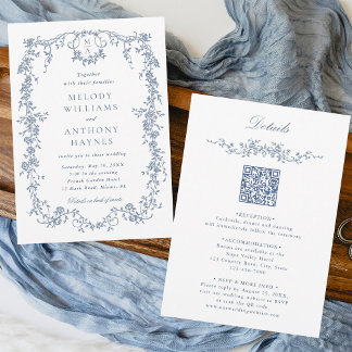 All in One French Victorian Blue Floral Wedding  Invitation
