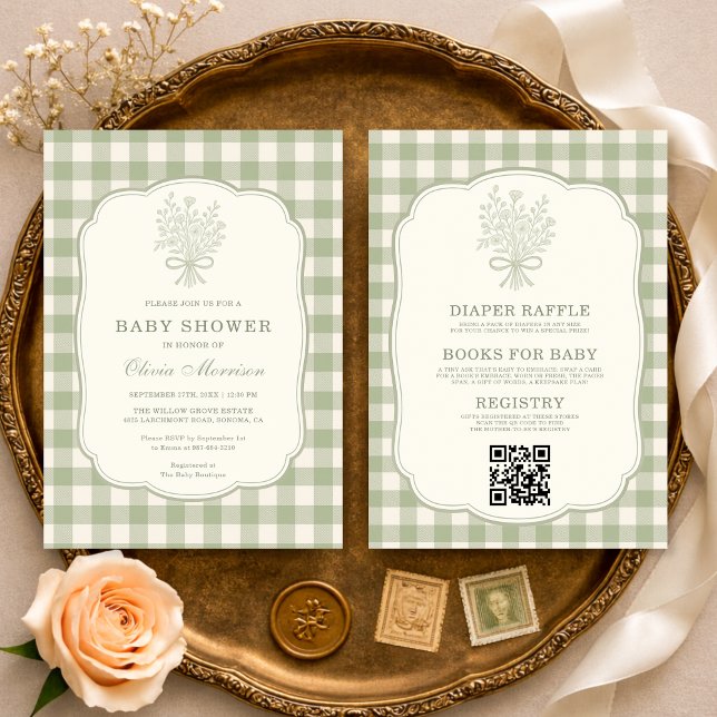 All in One Gingham Floral Bow Baby Shower Invitation (Creator Uploaded)