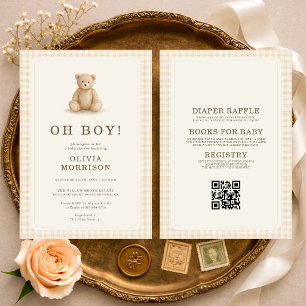 All in One Gingham Teddy Bear Oh Boy Baby Shower Invitation