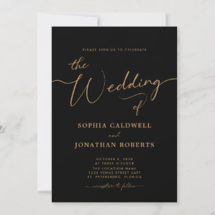 All in One Gold Calligraphy Elegant Black Wedding Invitation