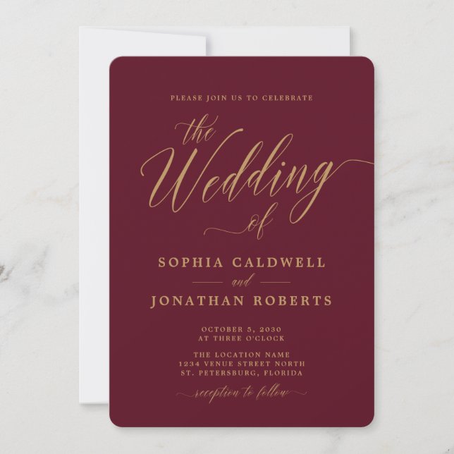 All in One Gold Calligraphy on Burgundy Wedding Invitation (Front)