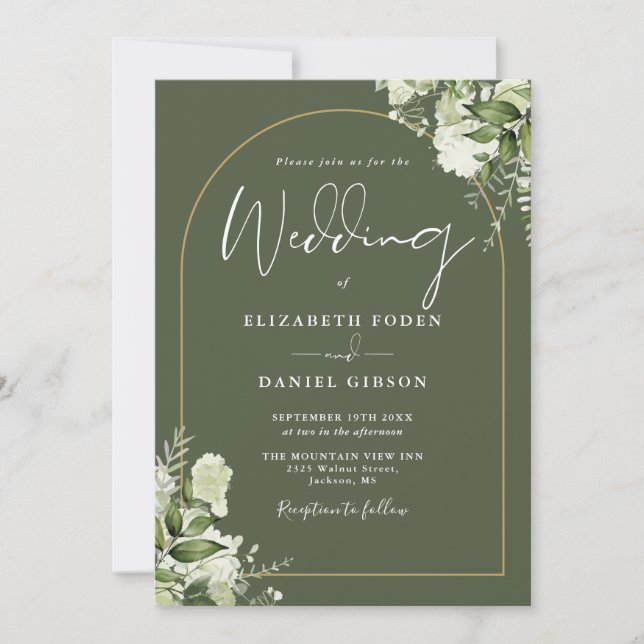 All In One Greenery Arch Photo Olive Green Wedding Invitation (Front)