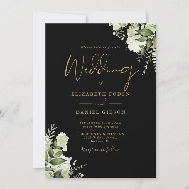 All In One Greenery Black And Gold Wedding Invitation (Front)