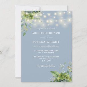 All In One Greenery Lights Dusty Blue Wedding Invitation