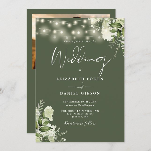 All In One Greenery Lights Photo Olive Wedding Invitation (Front/Back)