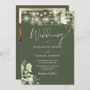 All In One Greenery Lights Photo Olive Wedding Invitation