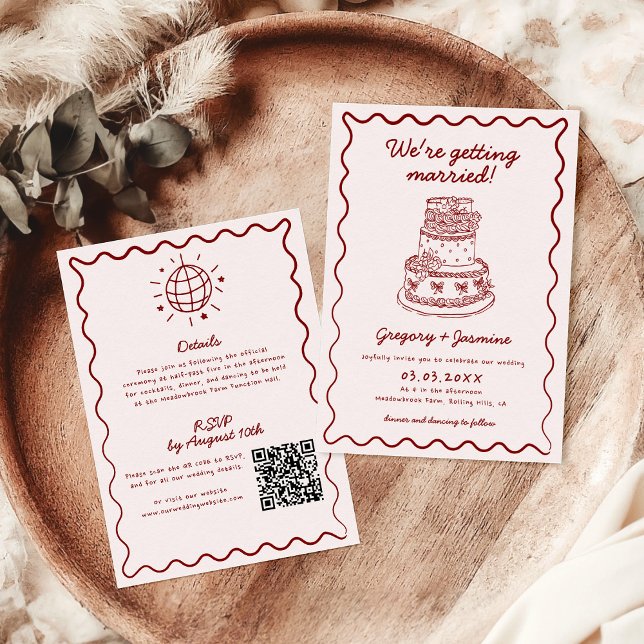 All In One Hand Drawn Quirky QR Code Red Wedding Invitation (Creator Uploaded)