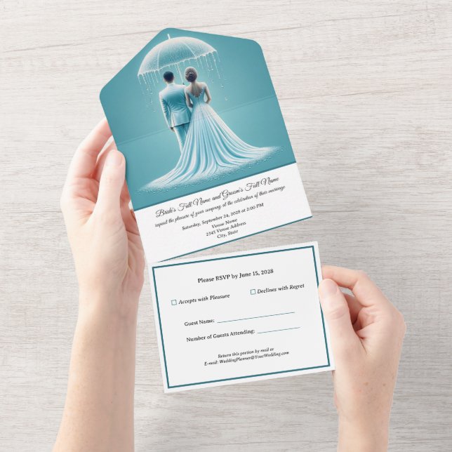 All in One Invitation, Blue Wedding RSVP All In One Invitation (Tearaway)