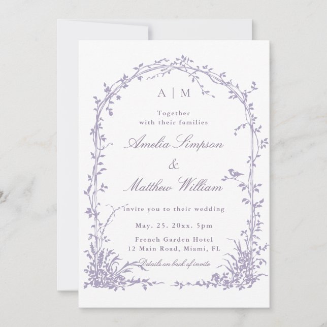 All in One Lavender Botanical Arch Garden Wedding  Invitation (Front)