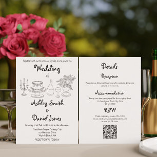 All In One Minimalist Black & White Doodle Wedding Invitation