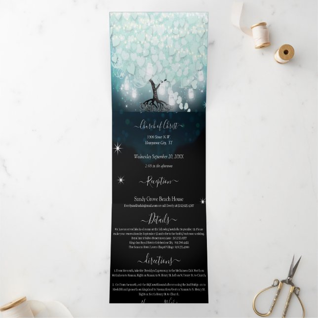 All In One Mint Blush Blue Heart Leaf Wedding Tri-Fold Invitation (Inside)