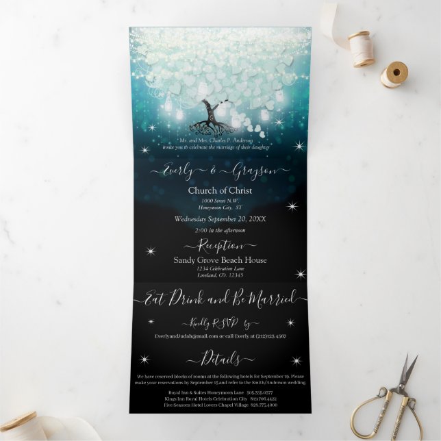All In One Mint Blush Blue Heart Leaf Wedding Tri-Fold Invitation (Inside)