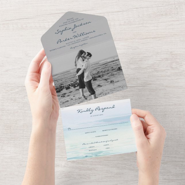 All in One Modern Beach Wedding Invite With Photo (Tearaway)