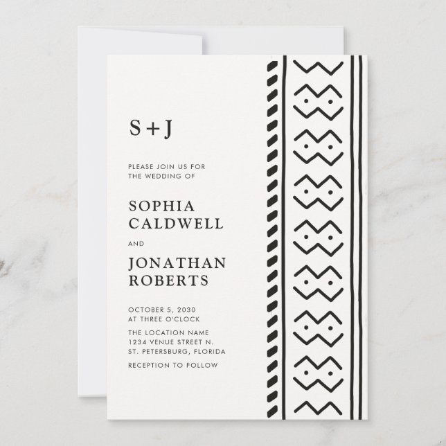 All in One Modern Boho Mudcloth Monogram Wedding Invitation (Front)