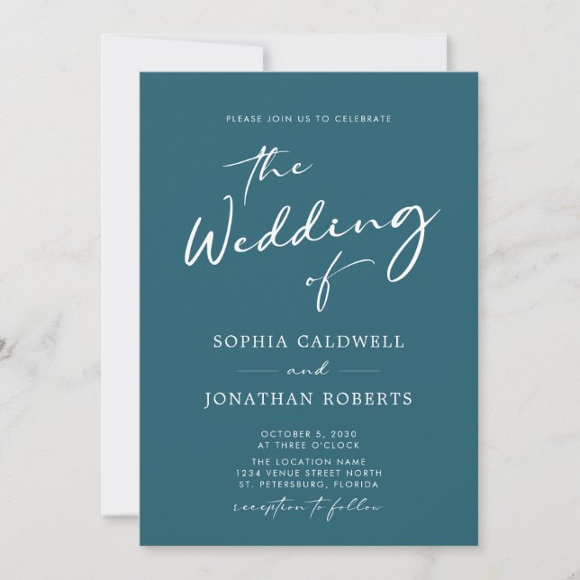 All in One Modern Calligraphy Teal Blue Wedding Invitation (Front)