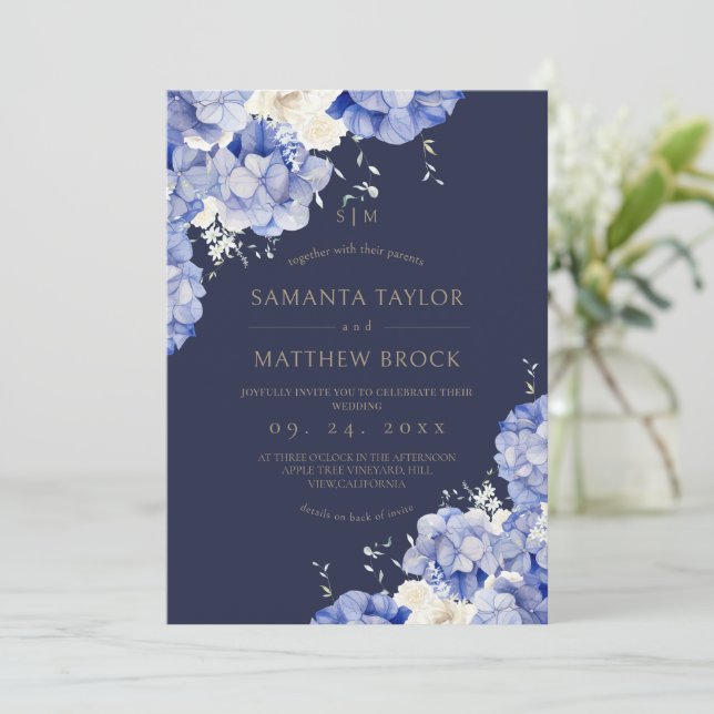 All in One Modern⎮Navy Flowers Wedding Invitation (Standing Front)