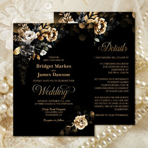 All In One Moody Gold Floral Black Wedding Invitation