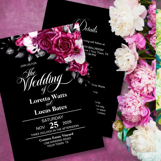 All In One Moody Pink Rose Floral Black Wedding Invitation (Creator Uploaded)