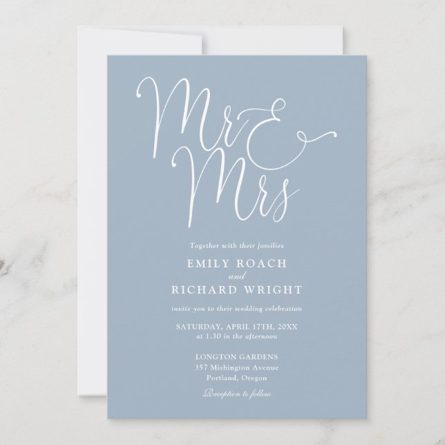 All In One Mr And Mrs Chic Dusty Blue Wedding Invitation (Front)
