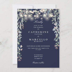All In One Navy Blue String Lights Floral Wedding Invitation