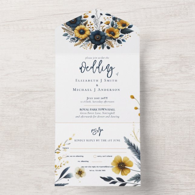 All in One Navy Yellow Gold Floral Wedding Rsvp All In One Invitation (Inside)