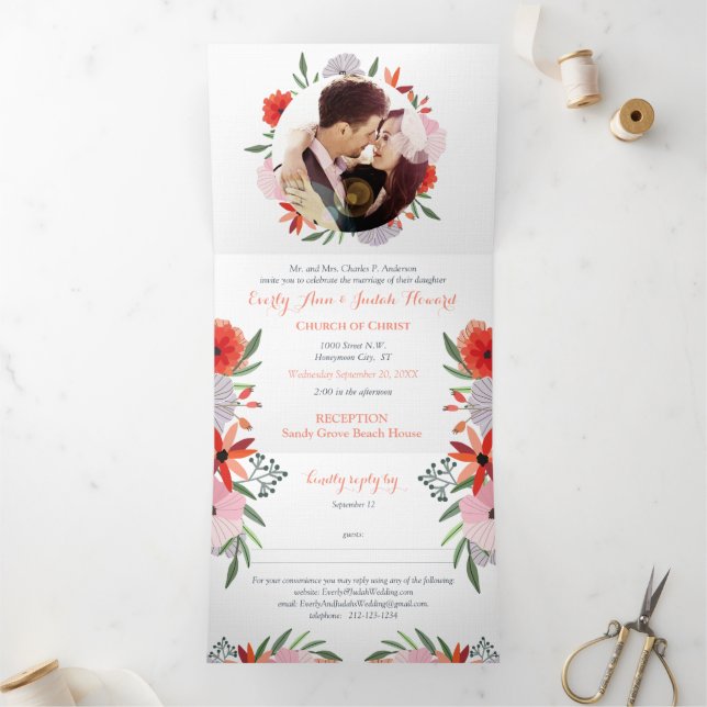 All In One Peachy Lavender Red Pink Floral Wedding Tri-Fold Invitation (Inside)