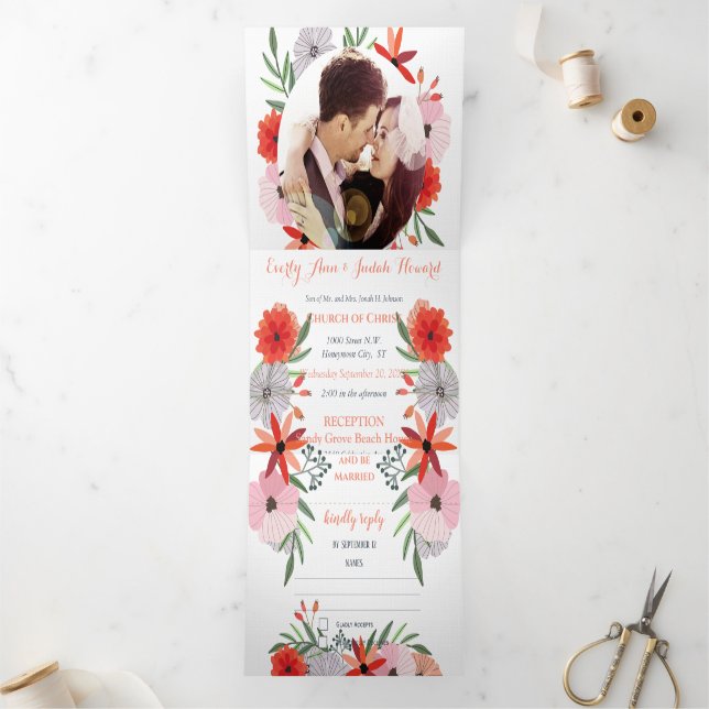 All In One Peachy Lavender Red Pink Floral Wedding Tri-Fold Invitation (Inside)