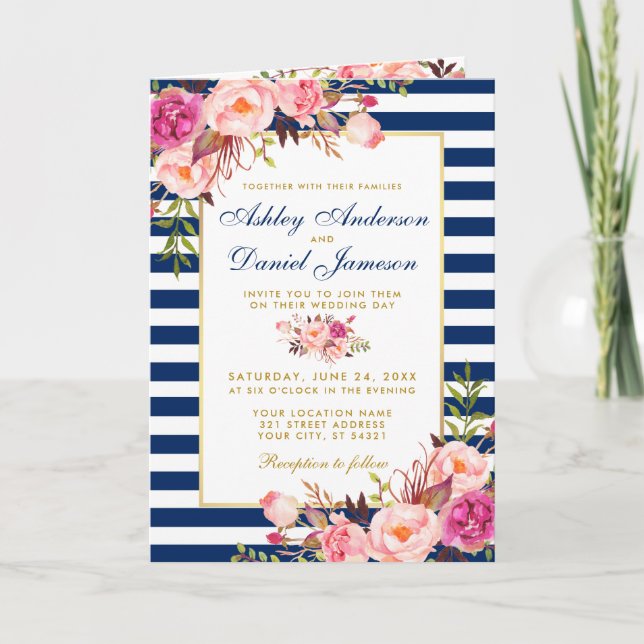 All In One Pink Blue Gold Wedding Invitation (Front)