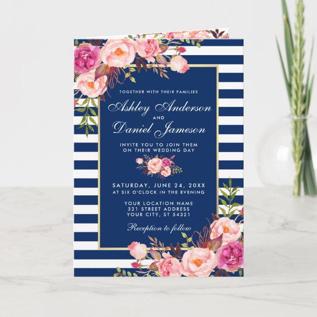 All In One Pink Blue Stripes Wedding Invitation (Front)