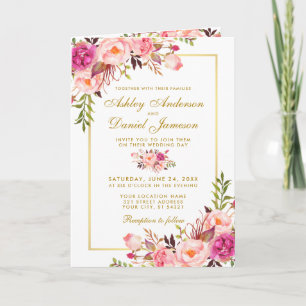 All In One Pink Floral Wedding Gold Invitation