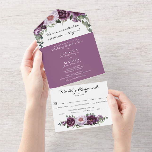 All in One Plum Peonies Romantic Wedding Invite (Tearaway)