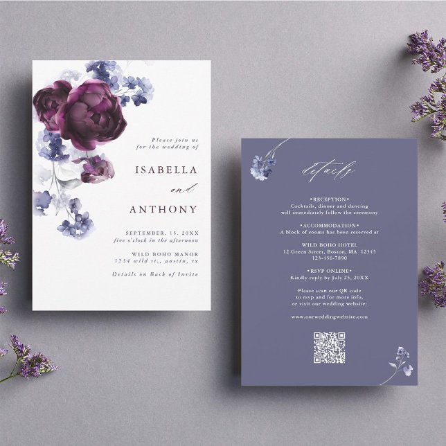 All In One Plum Purple & Indigo Floral Wedding Invitation (Front & Back)