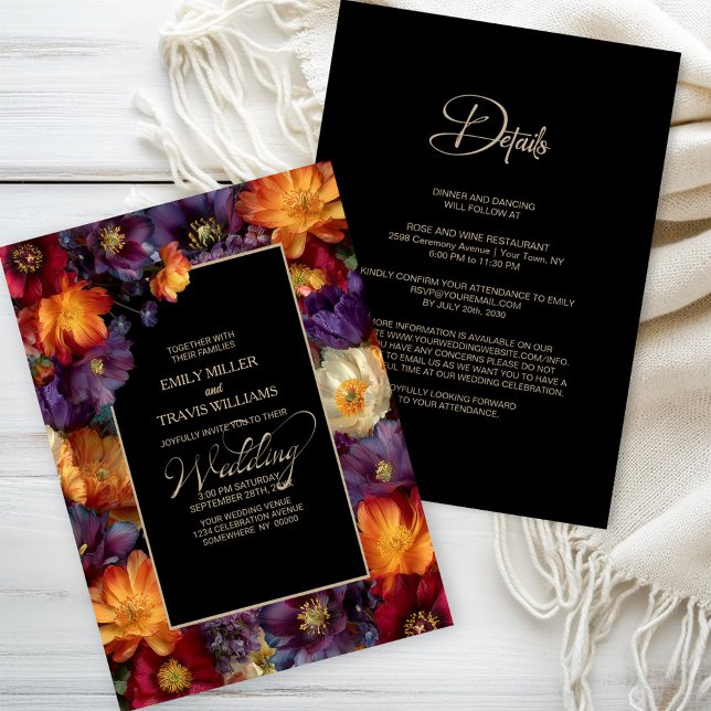 All in One Purple and Orange Floral Black Wedding Invitation (Creator Uploaded)