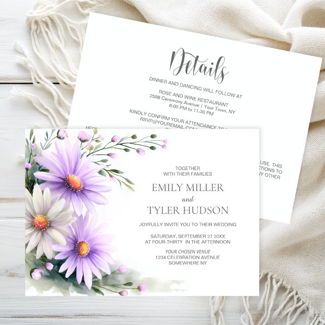 All in One Purple and White Daisies Wedding Invitation (Creator Uploaded)