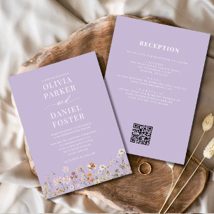 All in One Purple Wildflower QR Code Wedding  Invitation