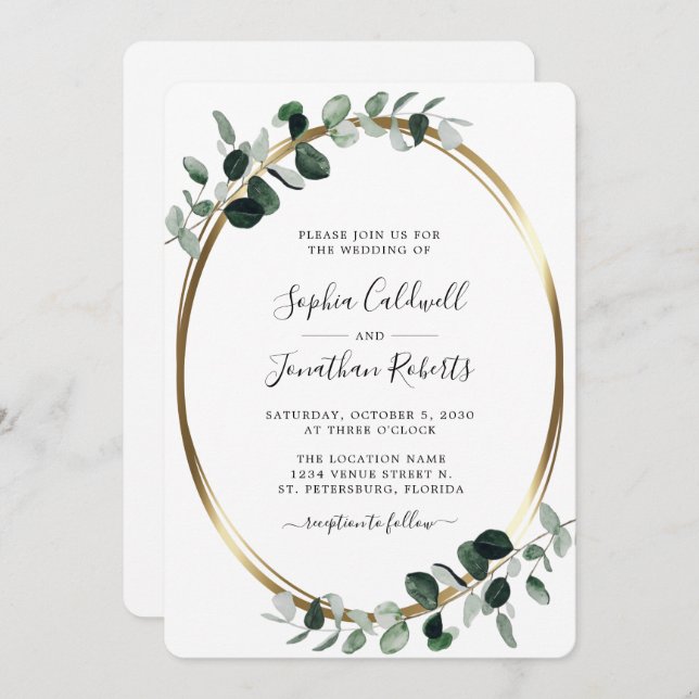 All in One QR Code Eucalyptus Gold White Wedding I Invitation (Front/Back)