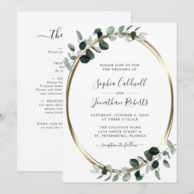 All in One QR Code Eucalyptus Gold White Wedding Invitation (Front/Back)