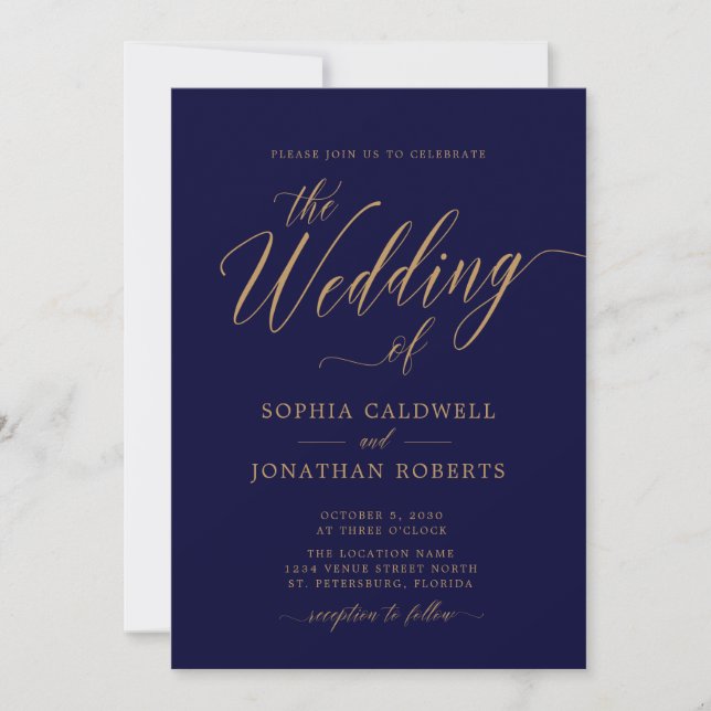 All in One QR Code Gold Calligraphy Navy Wedding Invitation (Front)