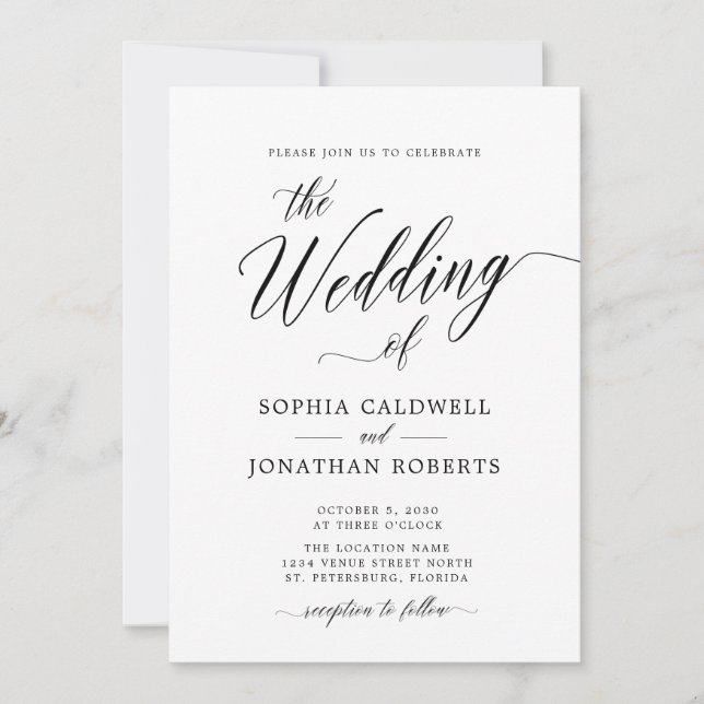 All in One QR Code RSVP Black Calligraphy Wedding Invitation (Front)