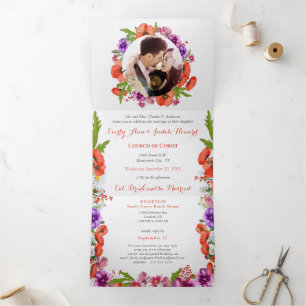 All In One Red Poppy Purple Pink Floral Wedding Tri-Fold Invitation