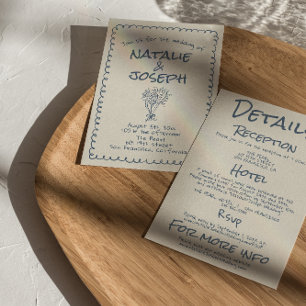 All In One Retro Navy blue Hand Drawn Wedding Invitation