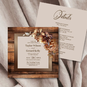 All In One Rustic Burnt Orange Floral Wood Wedding Invitation