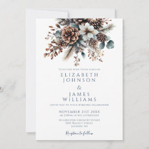 All In One Rustic Floral Pinecone QR Code Wedding Invitation